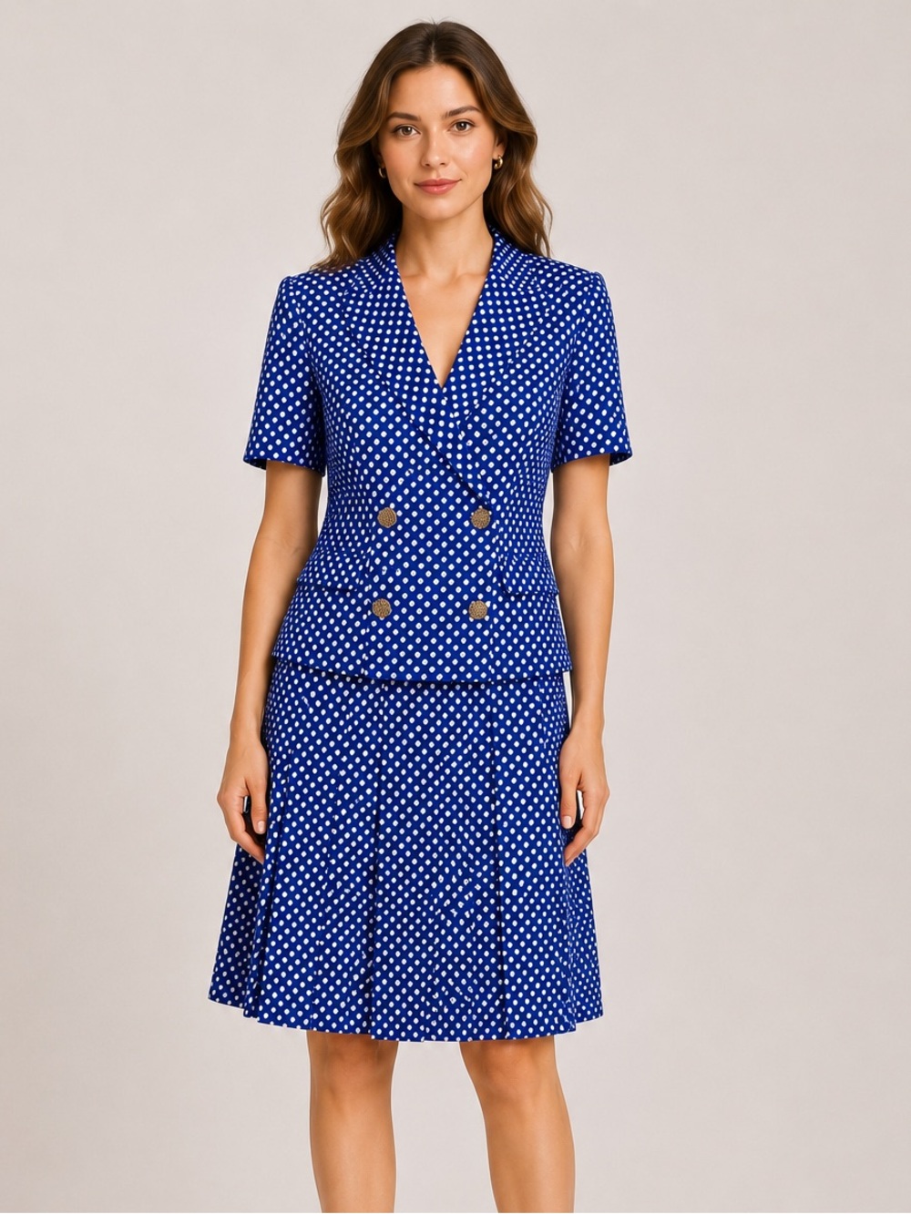 Vintage Leslie Fay 2-Piece Skirt Suit Set Blue White Polka Dot Size 8P Petite
